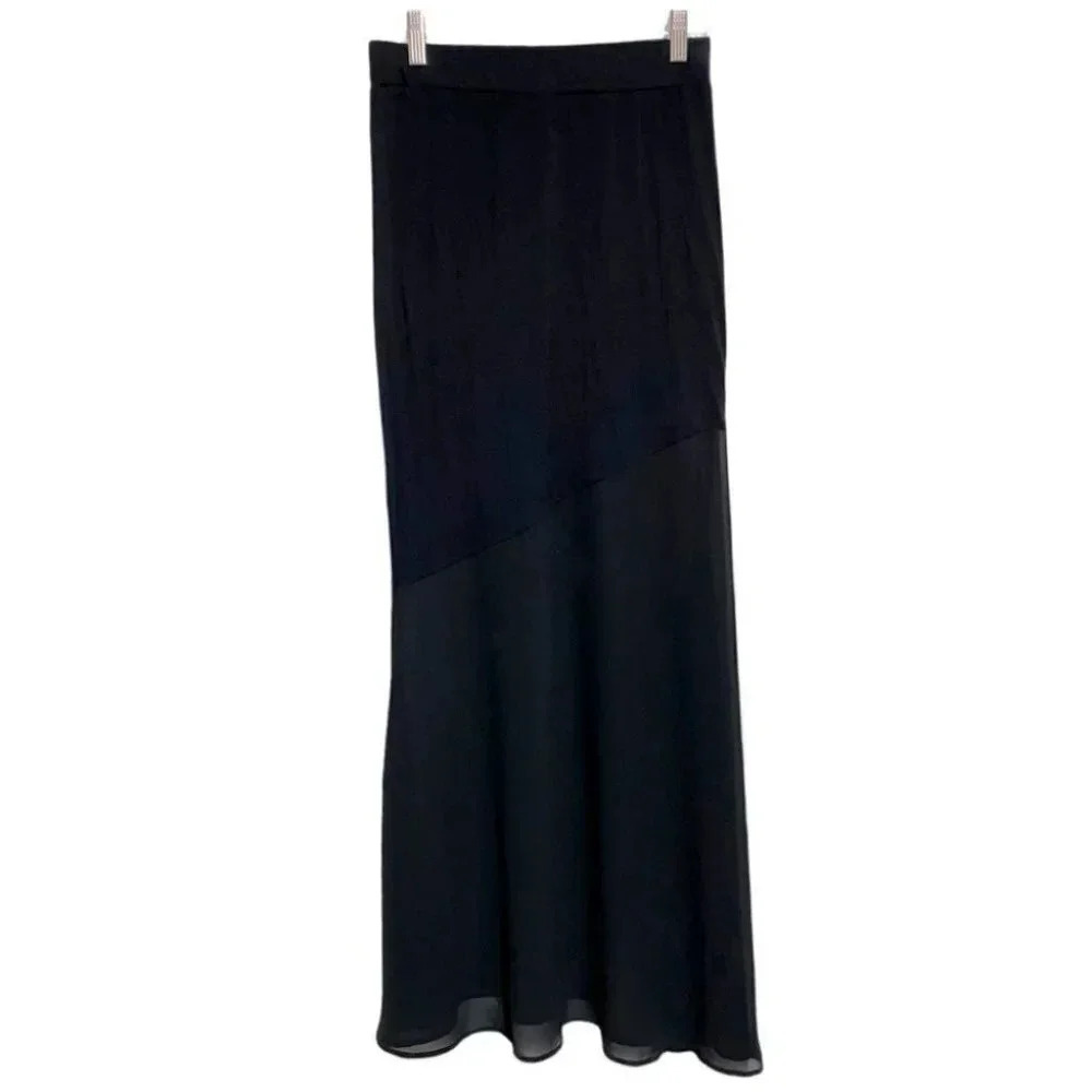 Monteau Maxi Skirt Small Black Sheer Asymmetrical Chiffon Panel Elegant Long